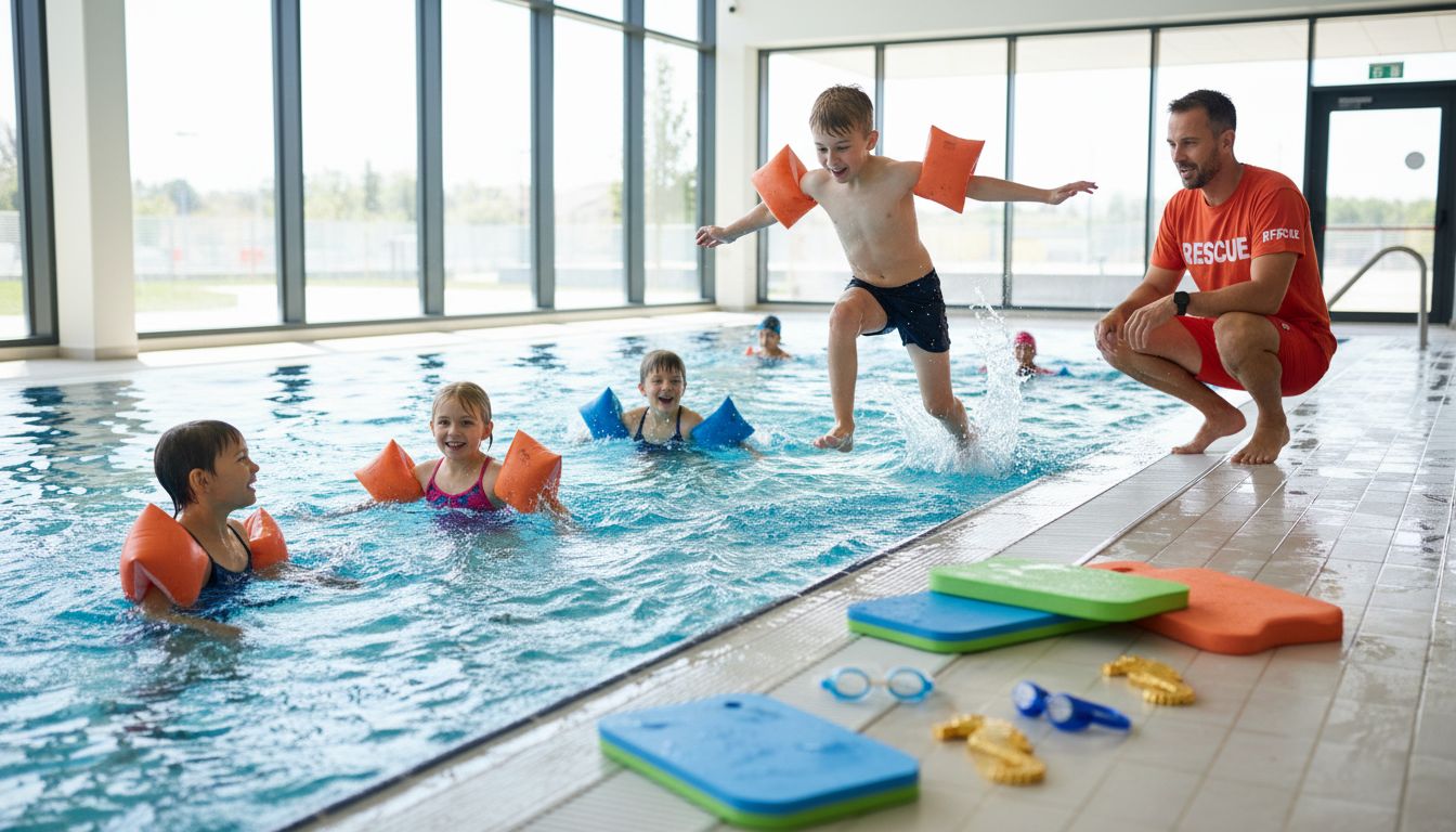 Kinder üben für das Seepferdchen im Schwimmbad