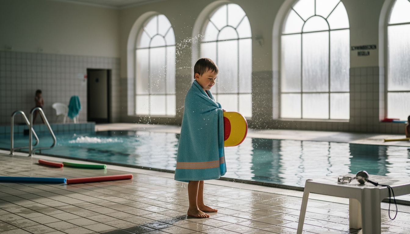 Ein Kind sitzt nach der Schwimmstunde am Beckenrand und freut sich über das frisch erworbene Schwimmabzeichen.