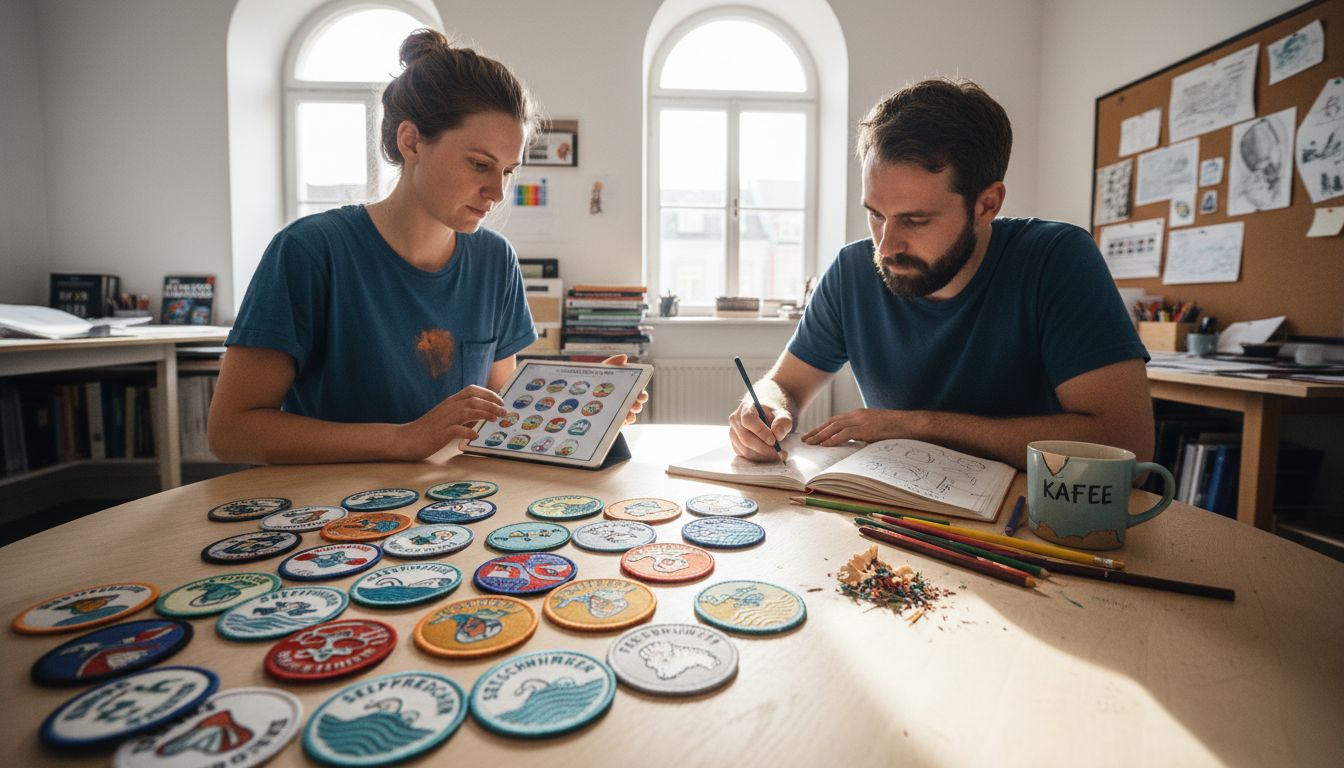 Designer begutachten Entwürfe für bunte Schwimmabzeichen