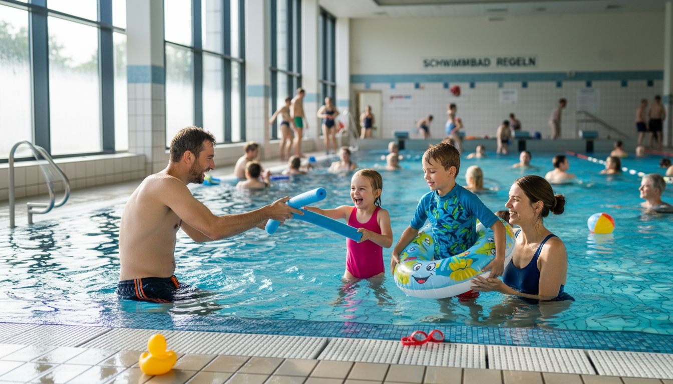 Eine Familie hat gemeinsam Spaß beim Toben und Schwimmen im Hallenbad.