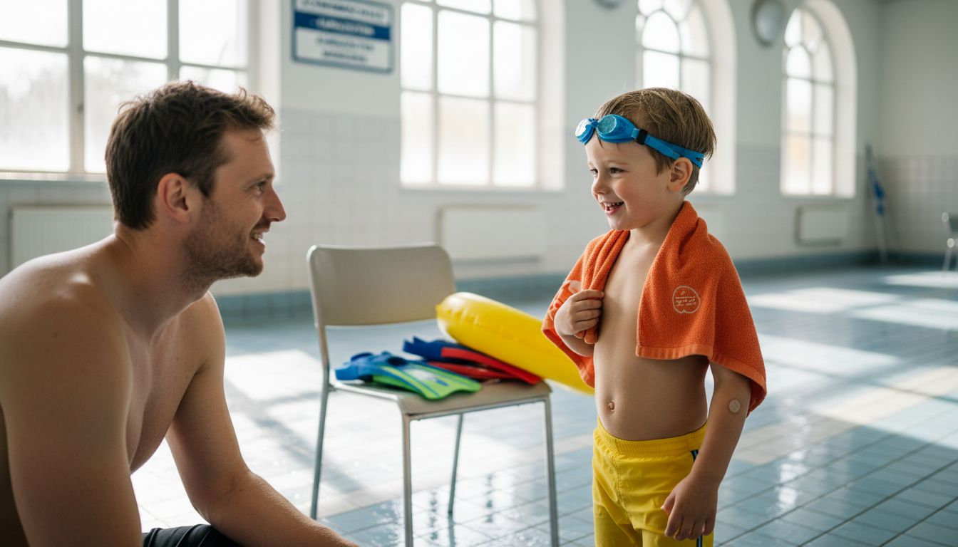 Ein fünfjähriger needer Junge steht zusammen mit seinem Schwimmlehrer am Beckenrand.