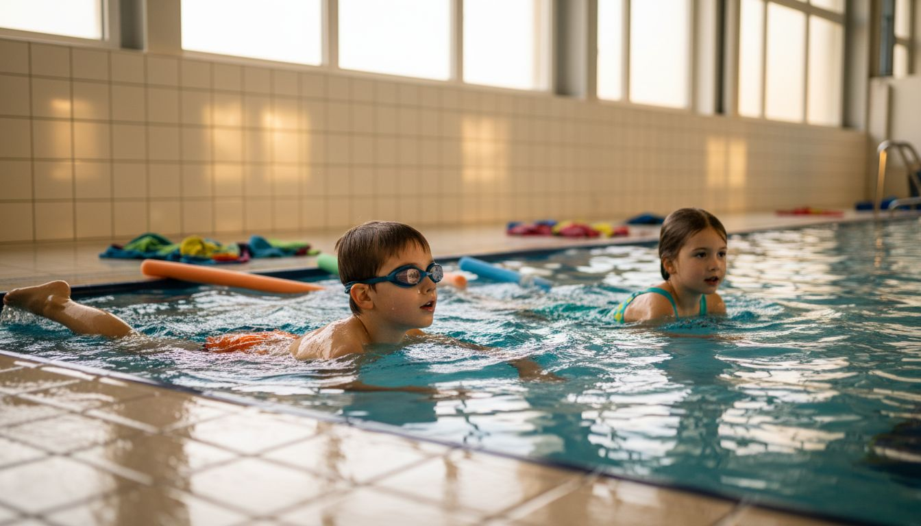 Beim Schwimmen im Hallenbad stärken Kinder spielerisch ihre Rückenmuskulatur und fördern so eine gesunde Körperhaltung.