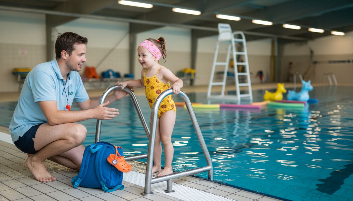 Ein Vorschulkind und eine Schwimmlehrerin sitzen gemeinsam am Beckenrand im Hallenbad.