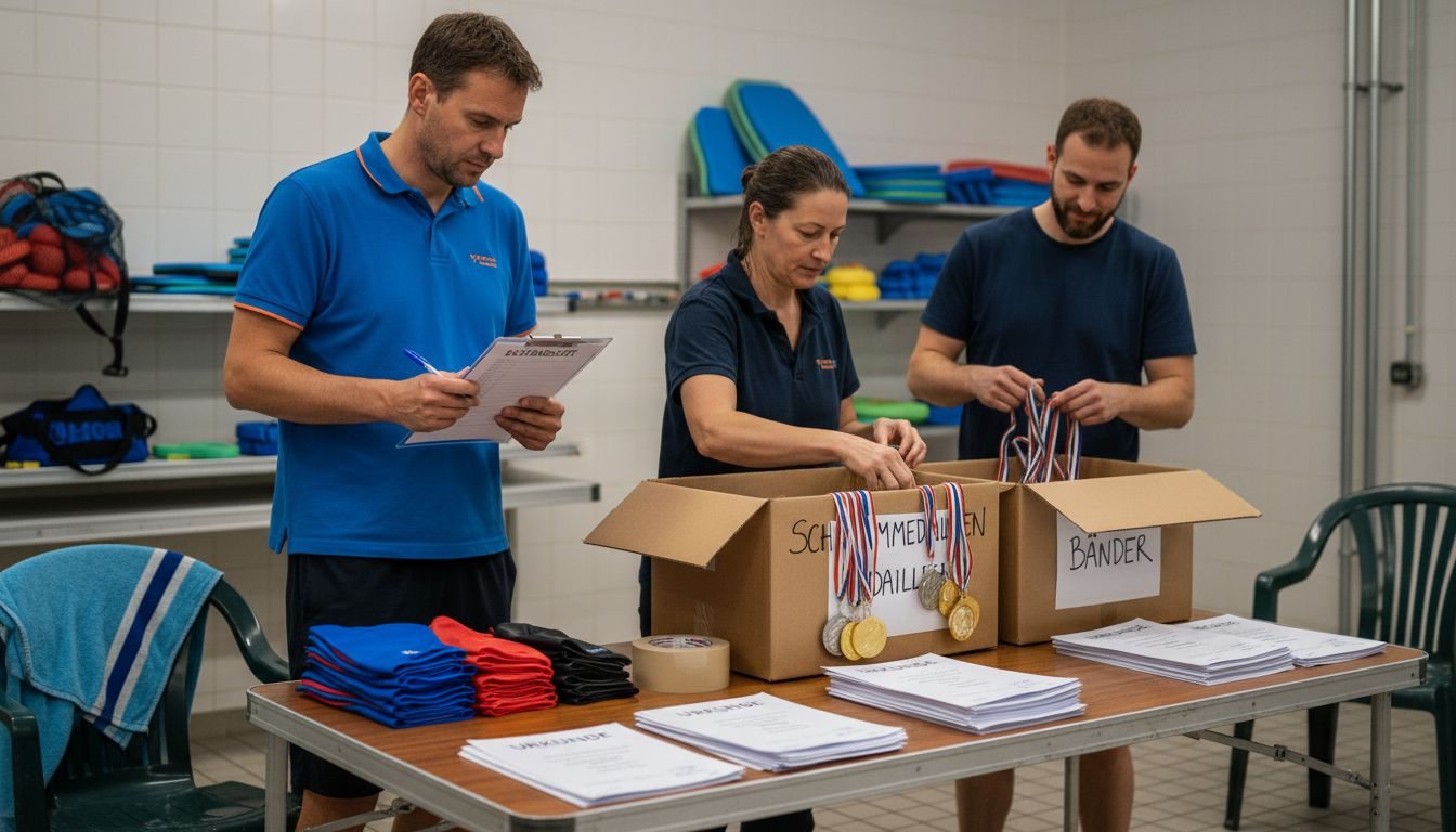 Engagierte Helferinnen und Helfer aus dem Schwimmverein bereiten Medaillen und Materialien für die Veranstaltung vor.