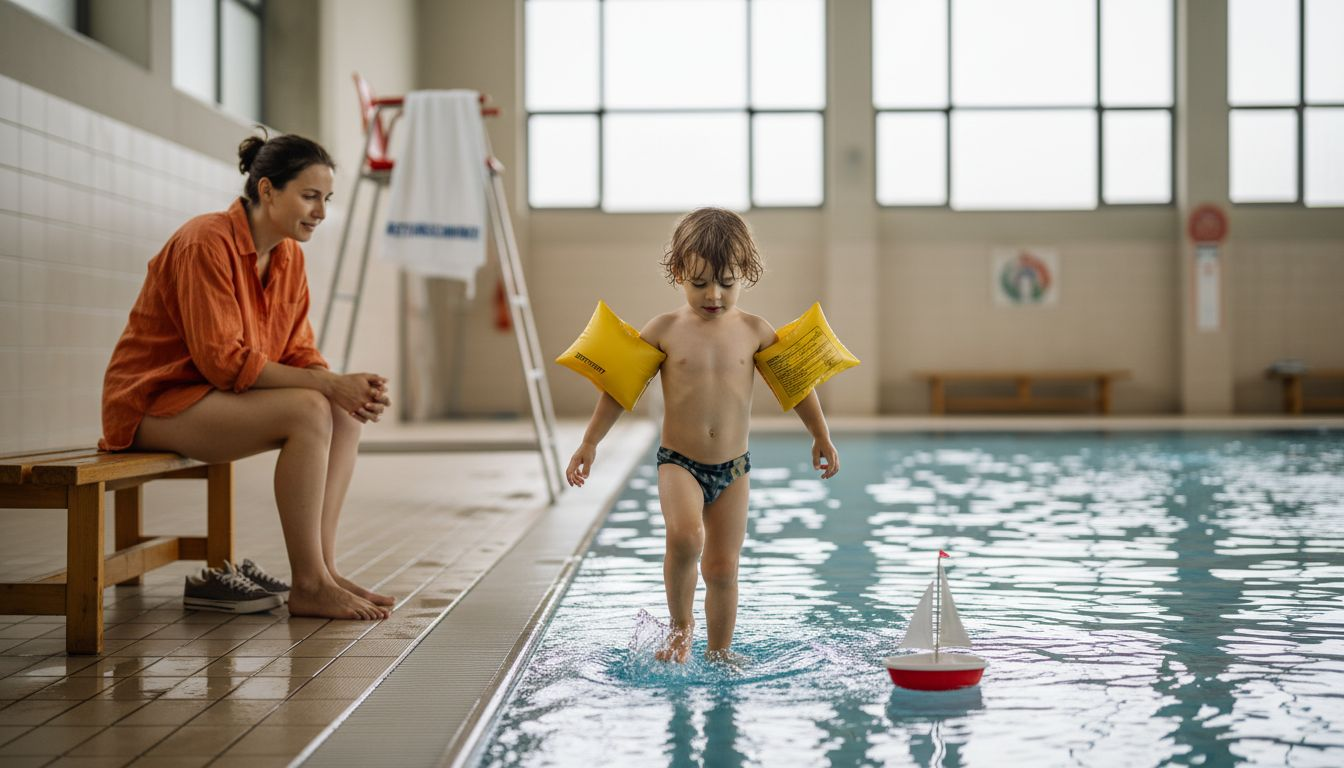 Ein Kind mit Schwimmflügeln steigt ins Schwimmbecken.