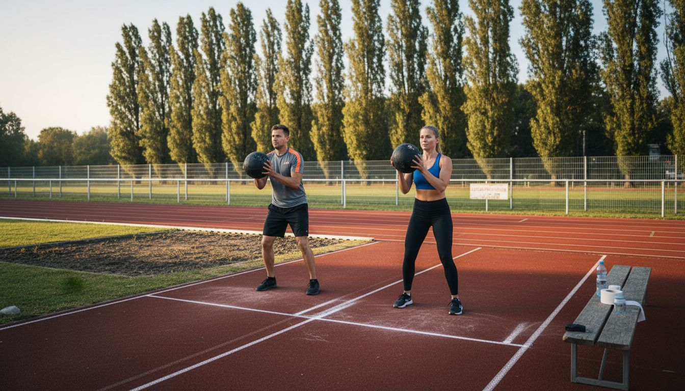 Sportler trainieren draußen mit Medizinbällen und verbessern dabei Kraft und Koordination.