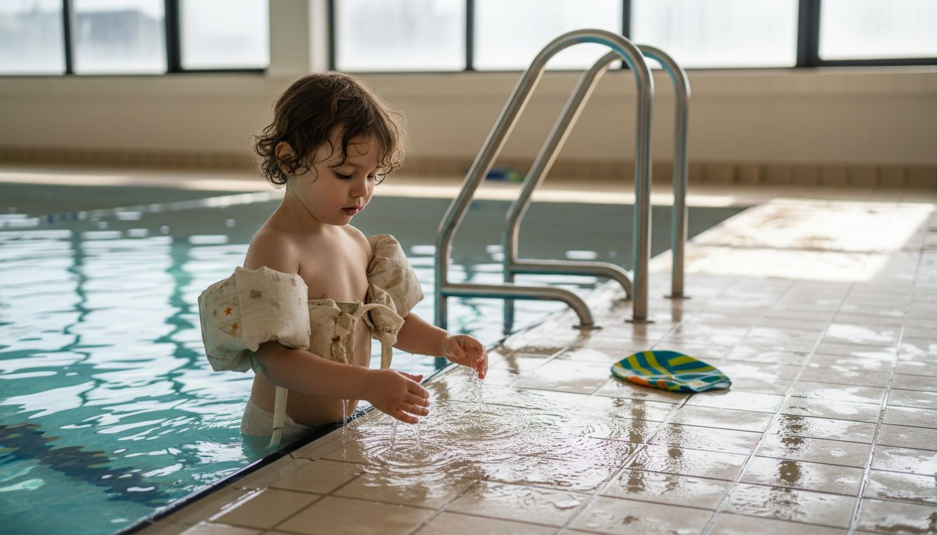 Ein Kind mit Schwimmflügeln planscht im Hallenbad.