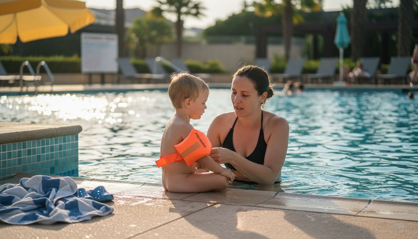 Eine Mutter hilft ihrem Kind am Pool dabei, die Flipper Swimsafe Schwimmflügel richtig anzuziehen.