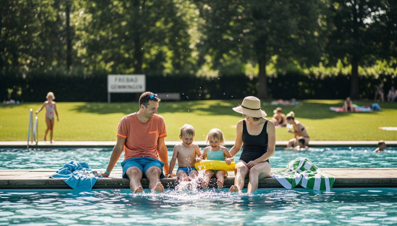 An einem sonnigen Sommertag genießt eine Familie gemeinsam das Freibad in Gemmingen.