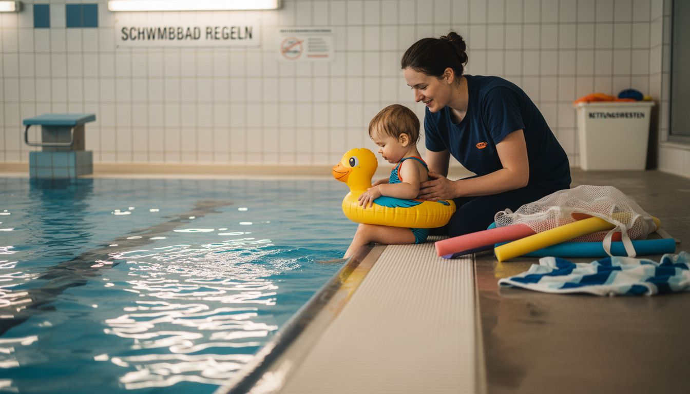 Gemeinsam mit Mama oder Papa nimmt das Kleinkind an der ersten Schwimmstunde teil.