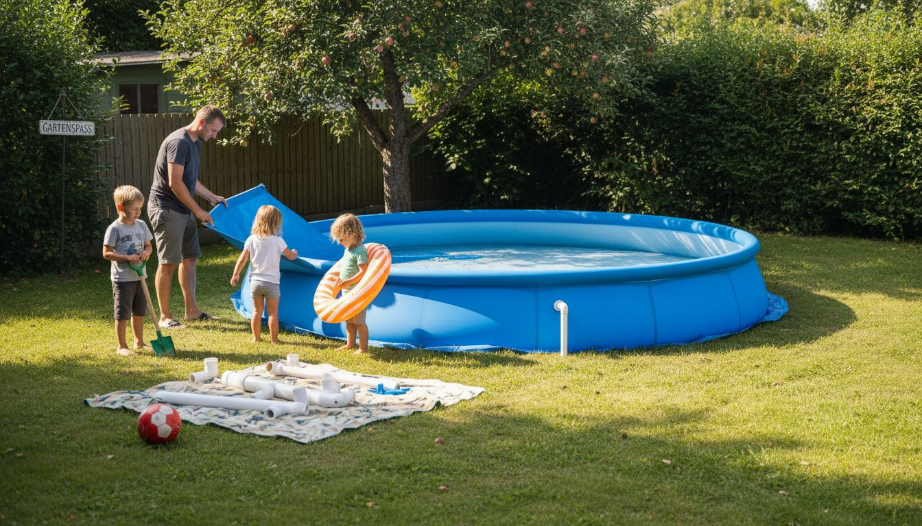 Eine Familie macht ihren Garten bereit für einen aufstellbaren Pool.