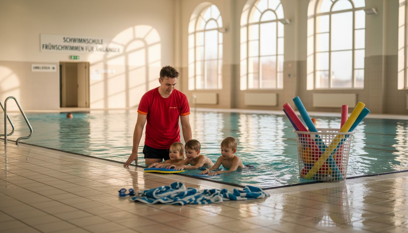Unter Anleitung eines Trainers am Beckenrand machen Anfänger ihre ersten Schwimmversuche.