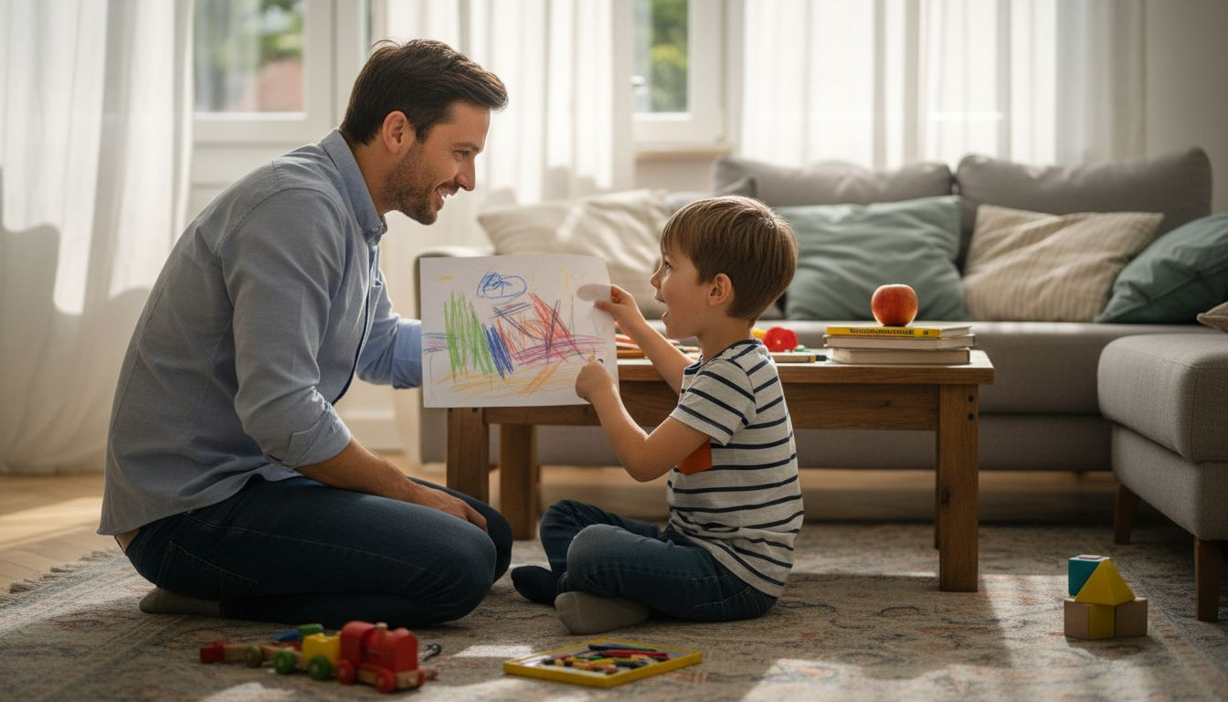 Ein Kind präsentiert stolz seine Zeichnung den Eltern im Wohnzimmer.