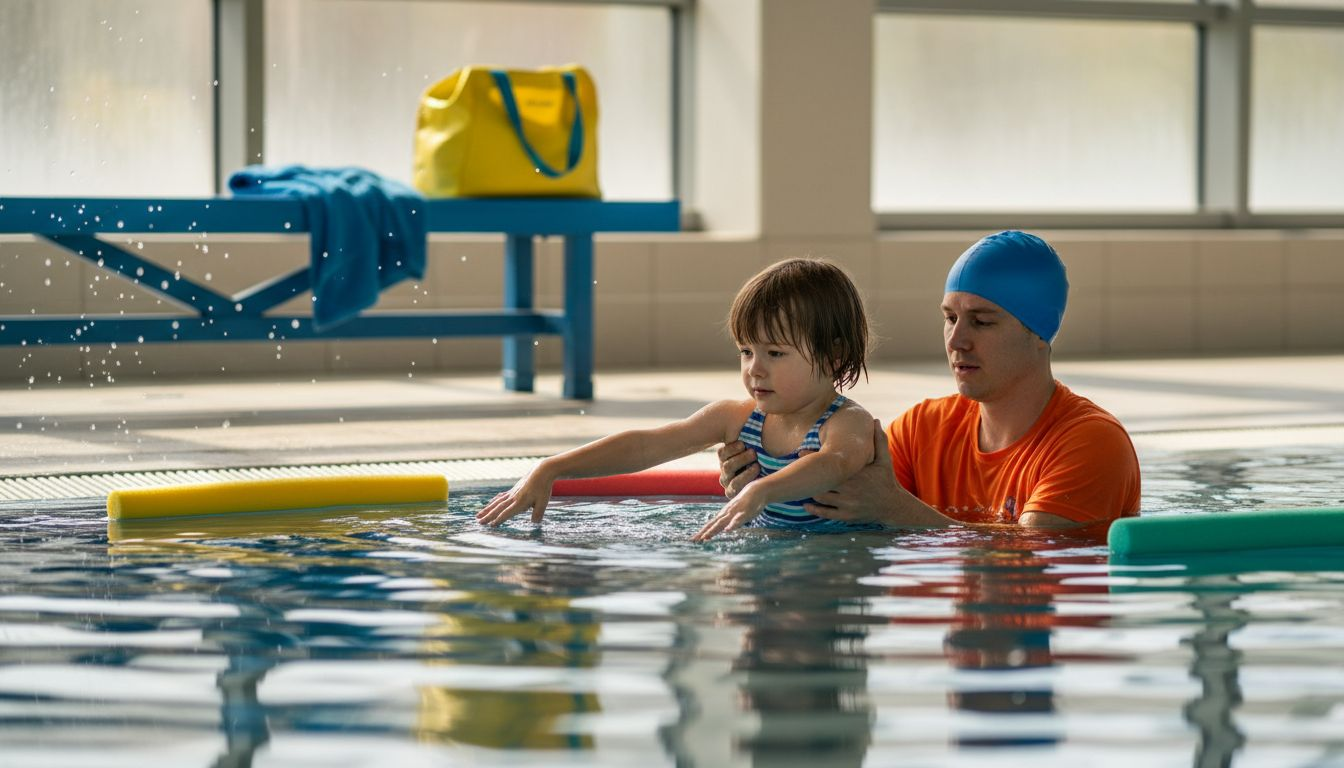 Ein Kind nimmt am Schwimmunterricht im Hallenbad teil und lernt unter Anleitung eines Trainers das Schwimmen.