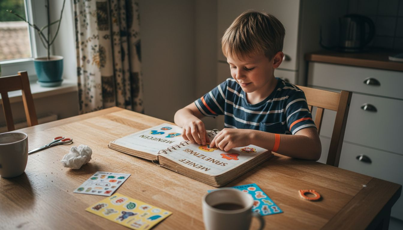 Ein Kind sortiert seine Schwimmabzeichen sorgfältig in ein Sammelalbum ein.