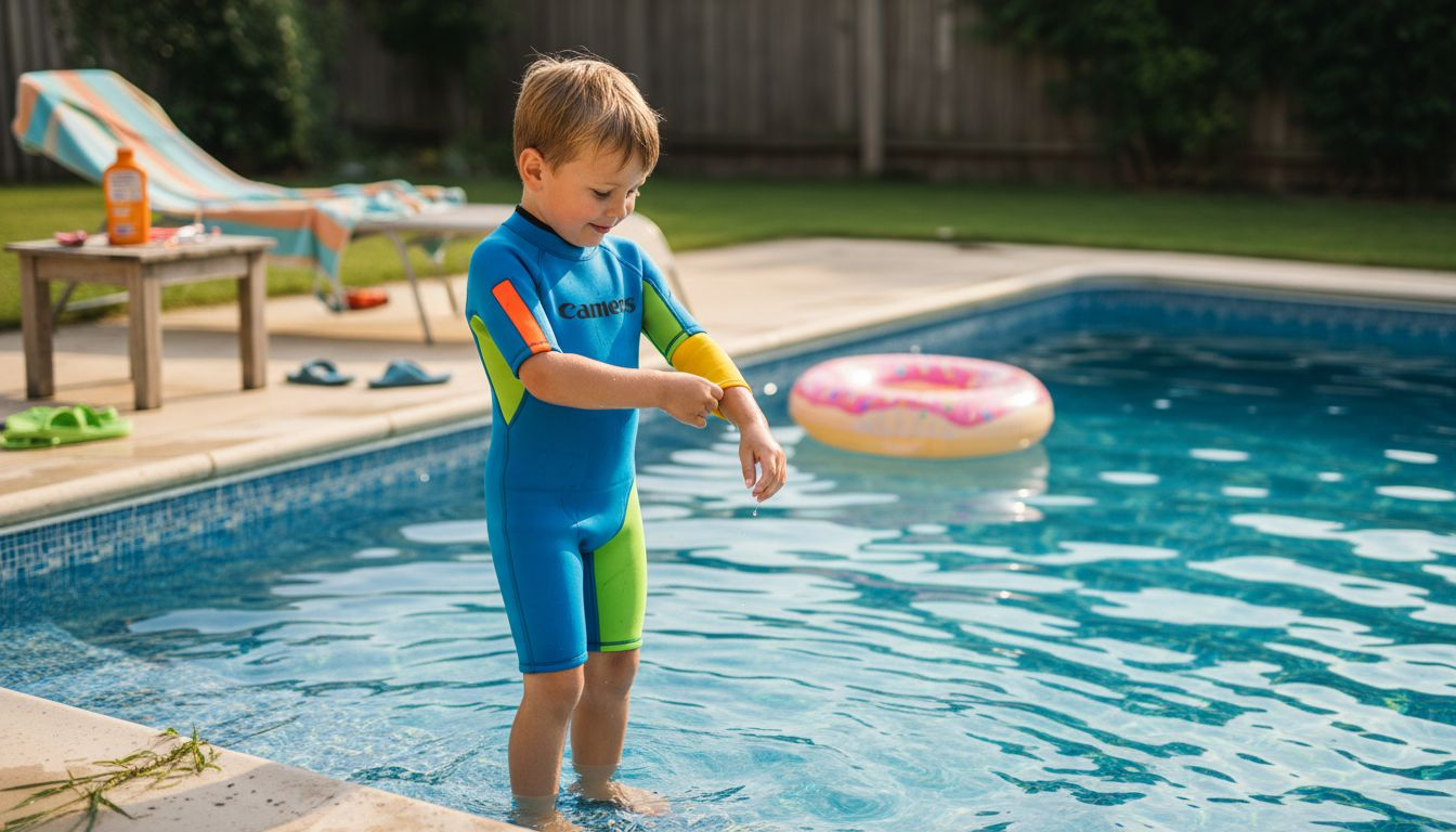 Ein Kind im kurzen Neoprenanzug sitzt am Beckenrand und schaut ins Wasser.