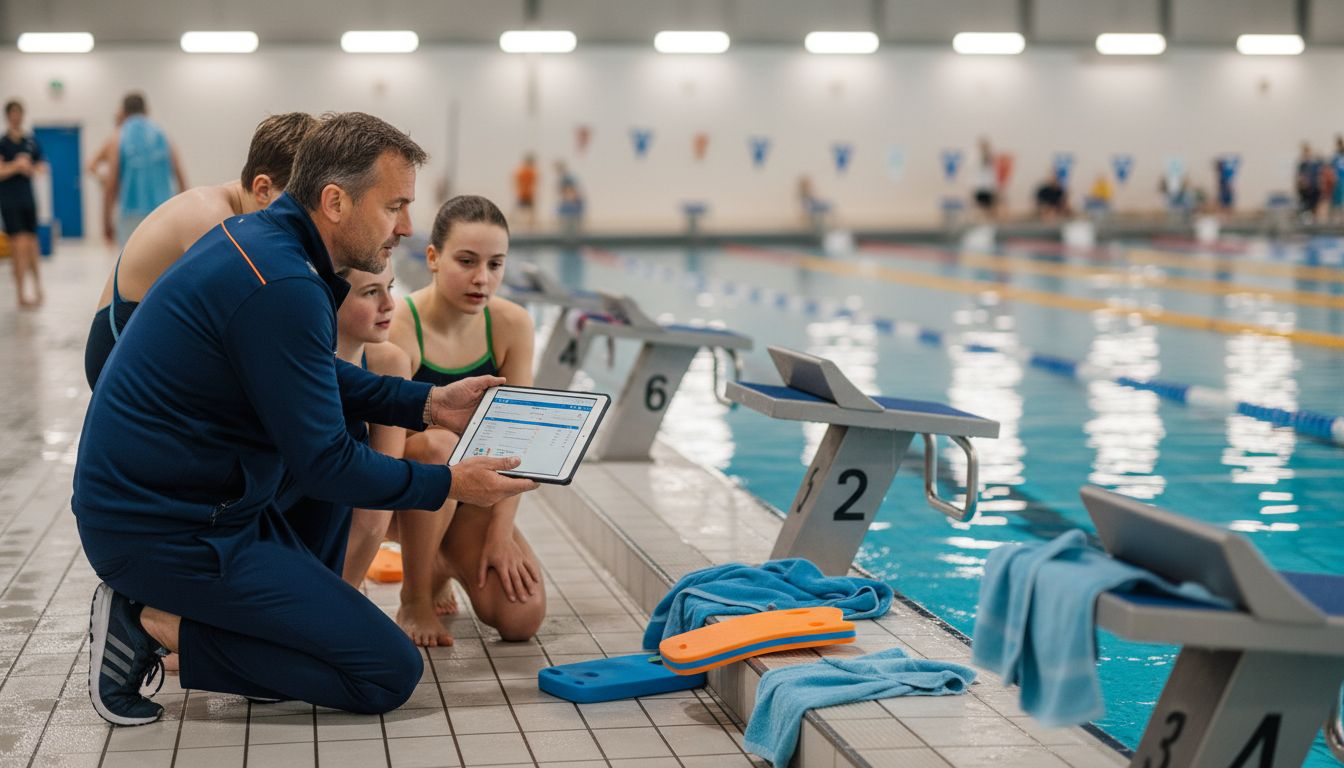 Ein Trainer begleitet Schwimmer im Hallenbad und setzt dabei moderne Technik ein, um das Training zu optimieren.