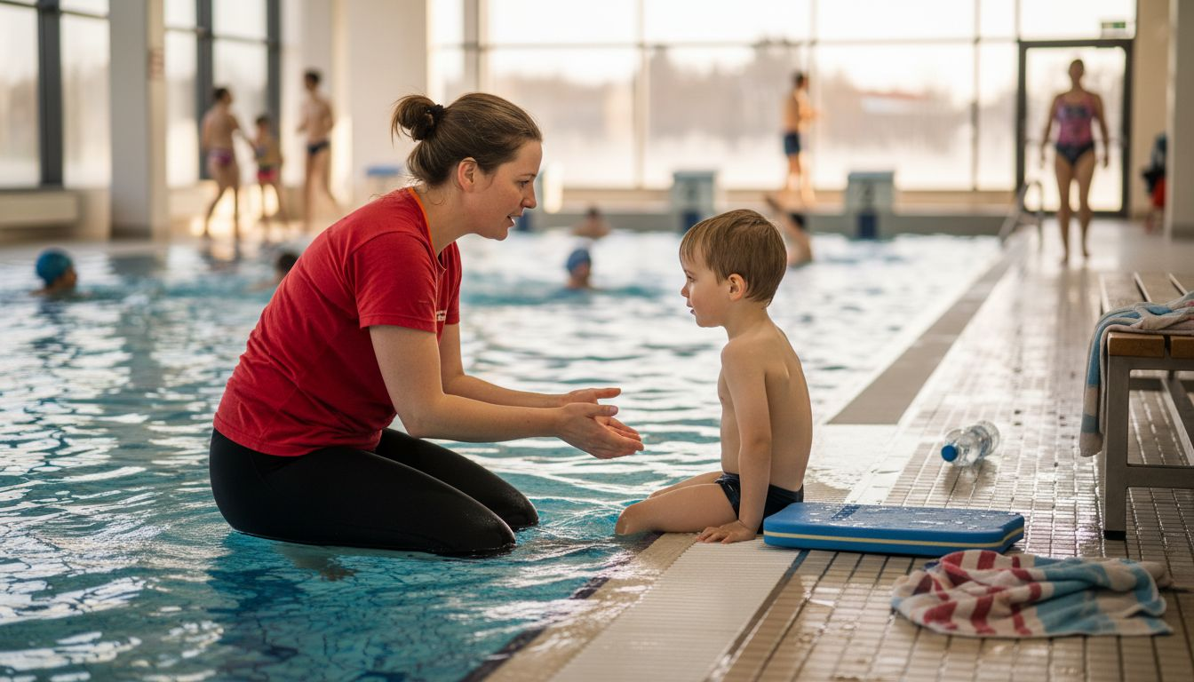 Ein Kind steht mit seinem Schwimmlehrer am Beckenrand und bereitet sich auf den Schwimmunterricht vor.