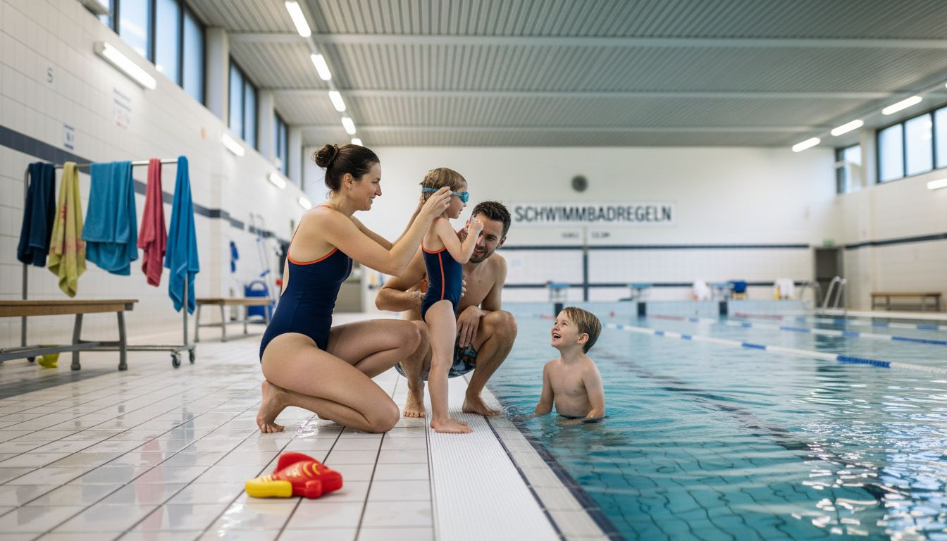 Family at indoor pool edge in Gelsenkirchen