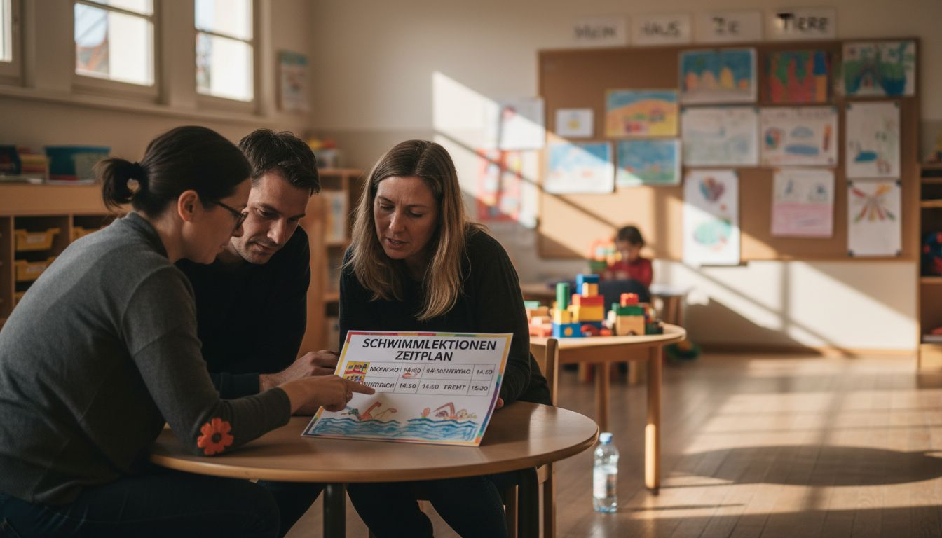 Eltern und Lehrkräfte tauschen sich darüber aus, wie Kinder beim Schwimmenlernen am besten unterstützt werden können.