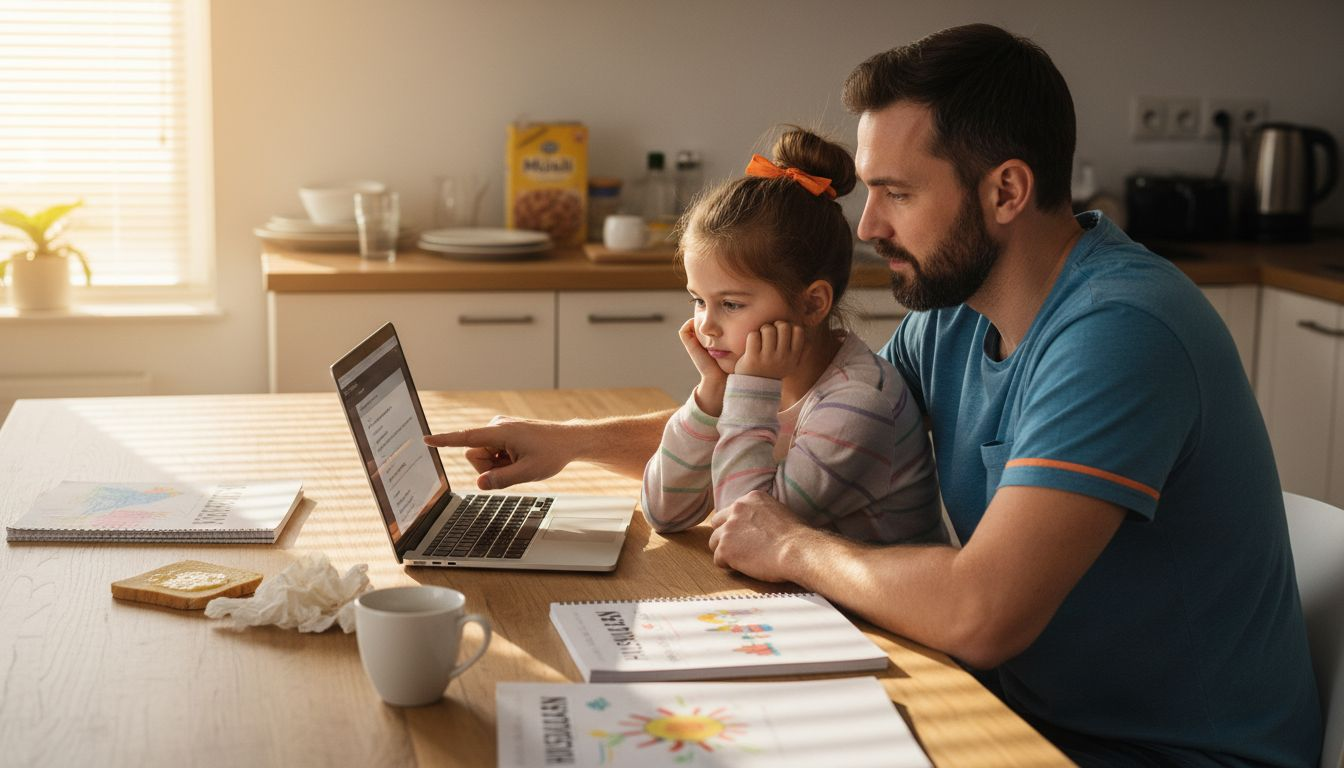 Vater und Tochter sitzen gemeinsam am Küchentisch und stöbern online nach neuen Produkten.