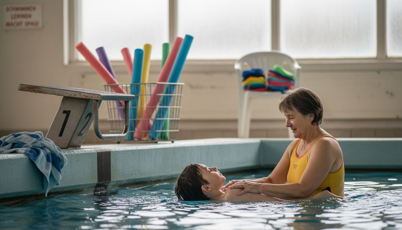 Ein Kind nimmt 2026 am Schwimmtraining mit seiner Trainerin im Hallenbad teil.