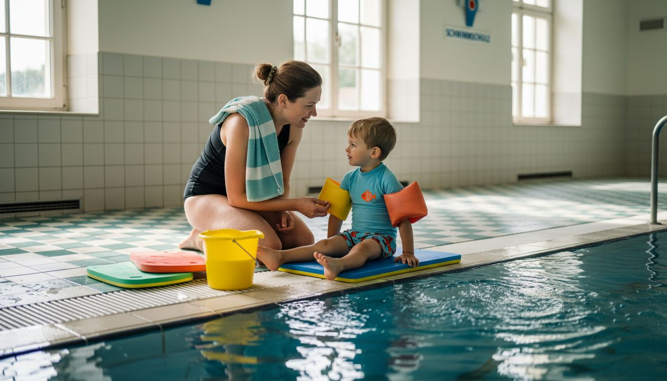 Eine Schwimmlehrerin feuert ein Vorschulkind am Beckenrand an und macht ihm Mut, ins Wasser zu gehen.