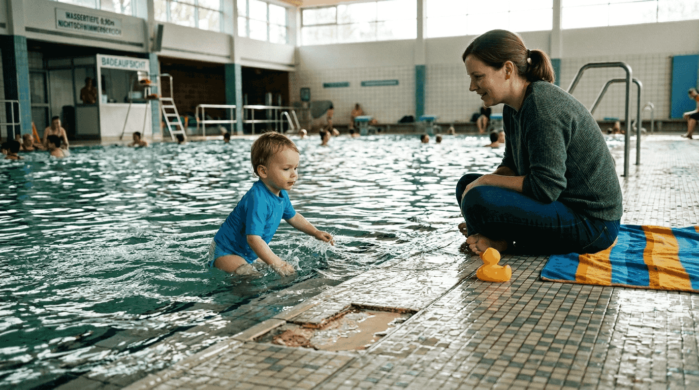Ein Kind plantscht gemeinsam mit einem Elternteil im Hallenbad.