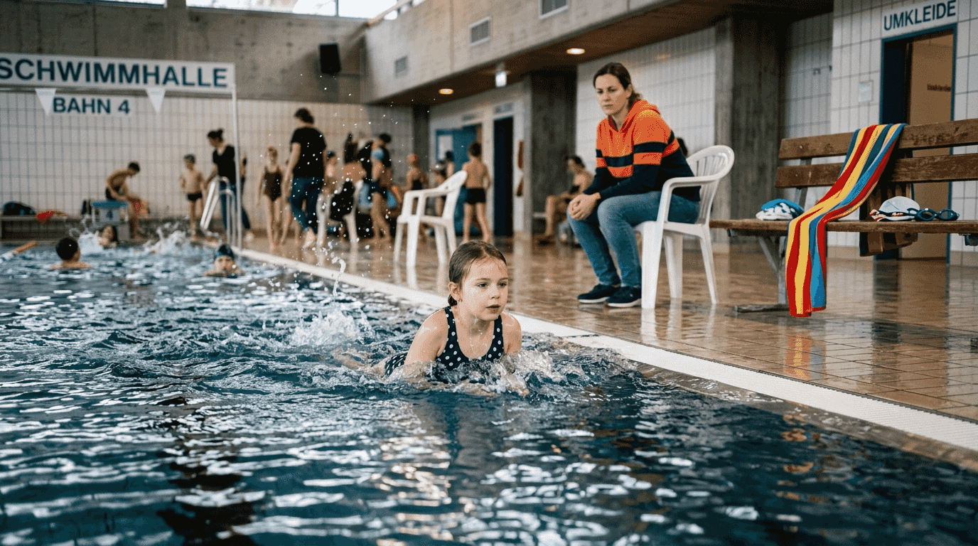 Das Kind schwimmt im Hallenbad und wird dabei beaufsichtigt.