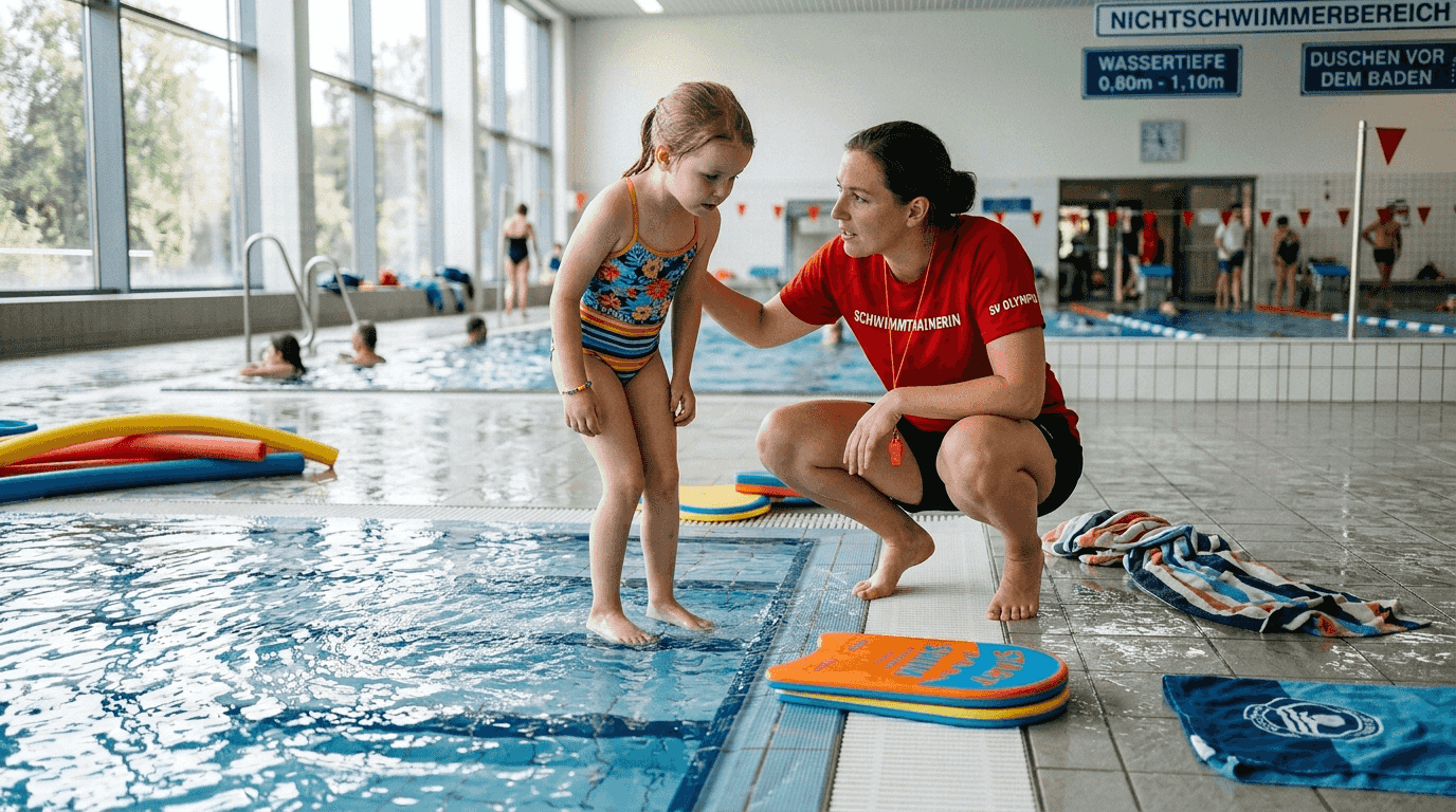 Ein Kind nimmt gemeinsam mit seinem Trainer an der DLRG-Schwimmprüfung teil.