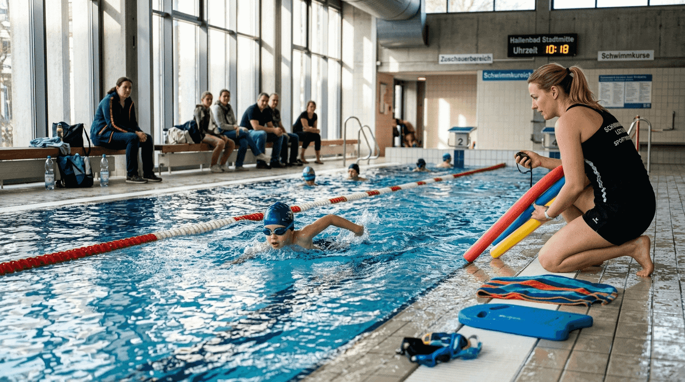 Mein Kind nimmt am Schwimmkurs im örtlichen Hallenbad teil.