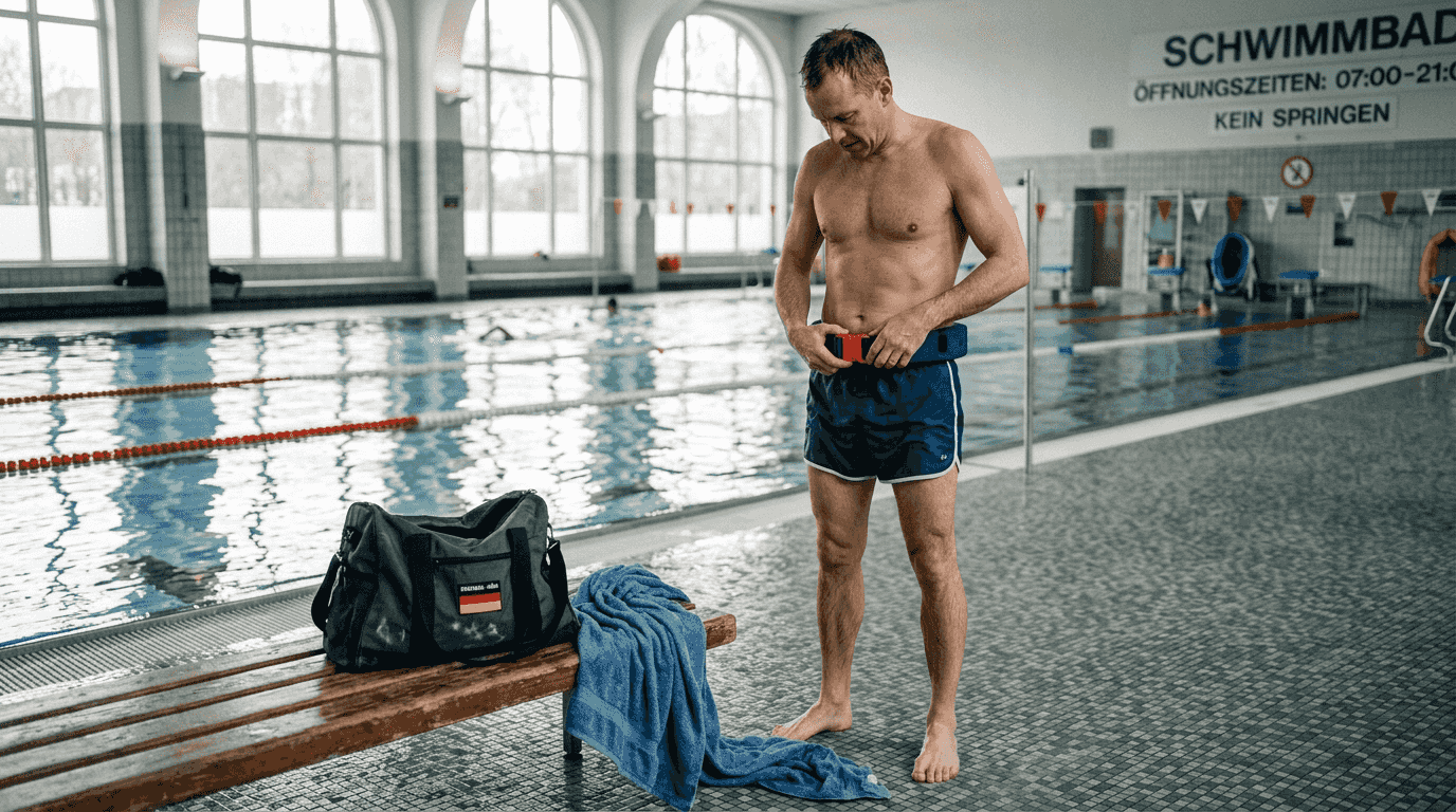 Ein Erwachsener legt sich am Beckenrand den Schwimmgürtel an.