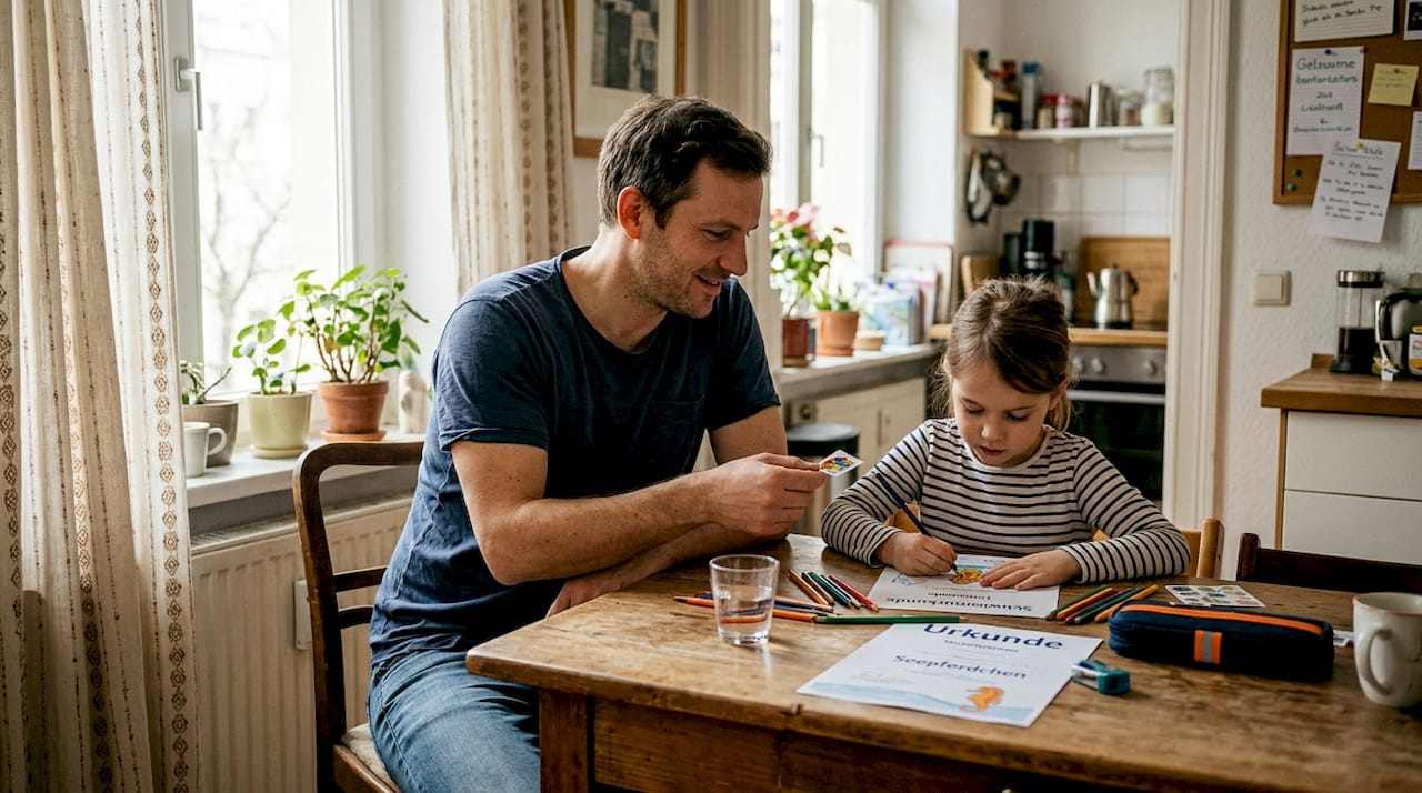 Vater und Tochter freuen sich gemeinsam über das bestandene Schwimmabzeichen.