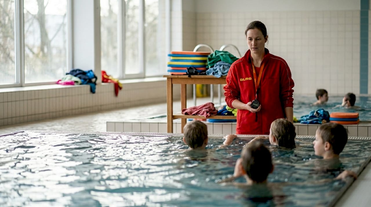 Eine DLRG-Trainerin beaufsichtigt den Schwimmunterricht im Hallenbad.