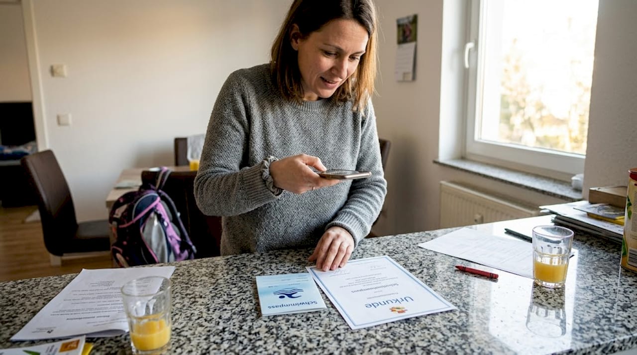 Eine Mutter macht am Küchentisch ein Foto vom Schwimmpass ihres Kindes.
