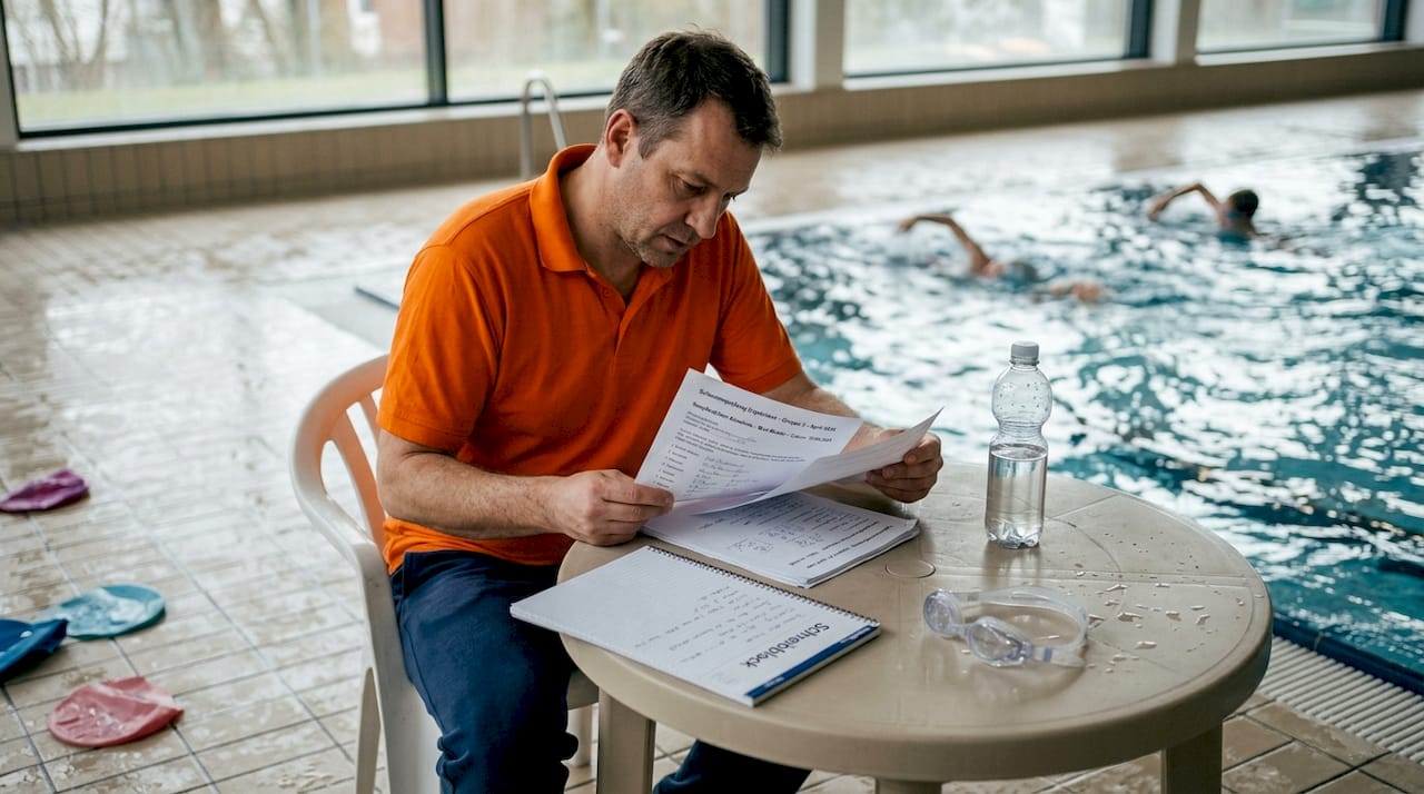 Am Beckenrand nimmt der Trainer die Schwimmabzeichen-Unterlagen genau unter die Lupe.