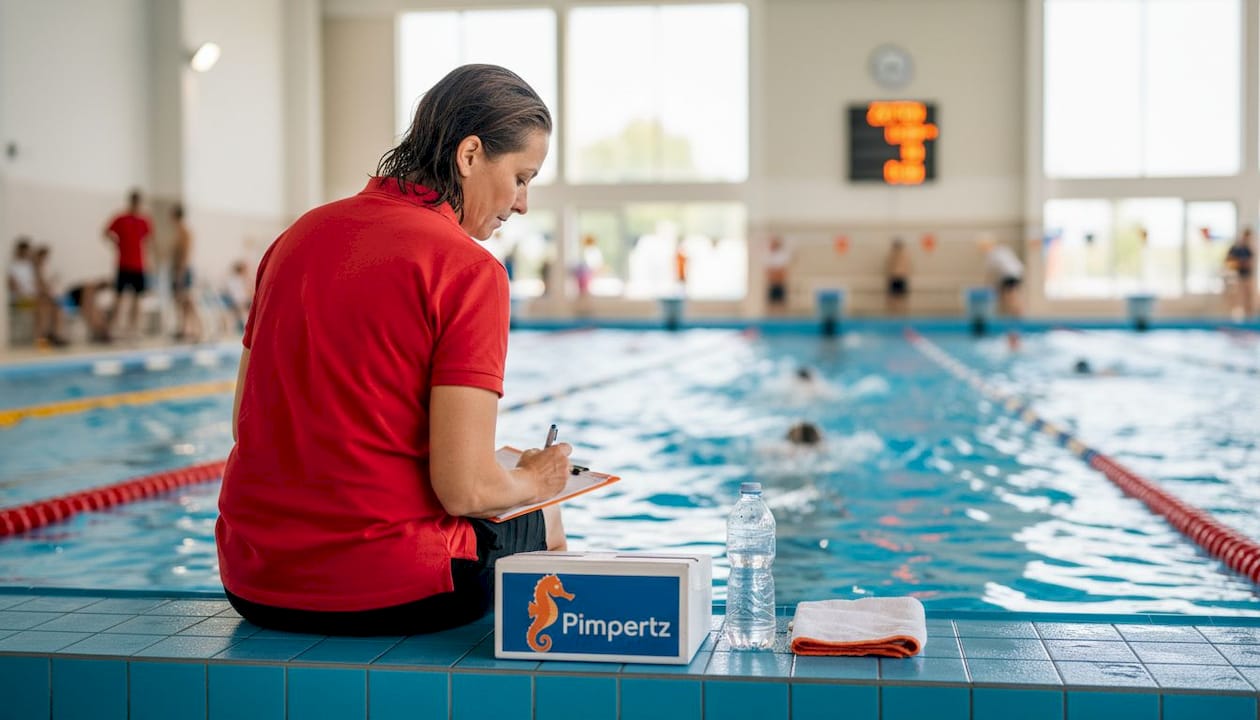Die Schwimmtrainerin steht am Beckenrand und stoppt die Zeiten ihrer Schwimmer.