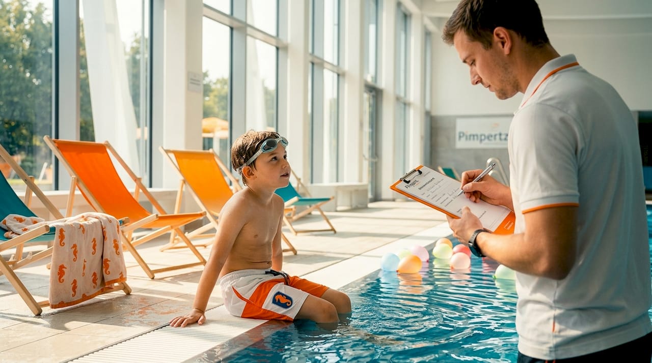 Ein Kind macht seinen ersten Schwimmkurs und schaut genau zu, wie der Schwimmlehrer es vormacht.