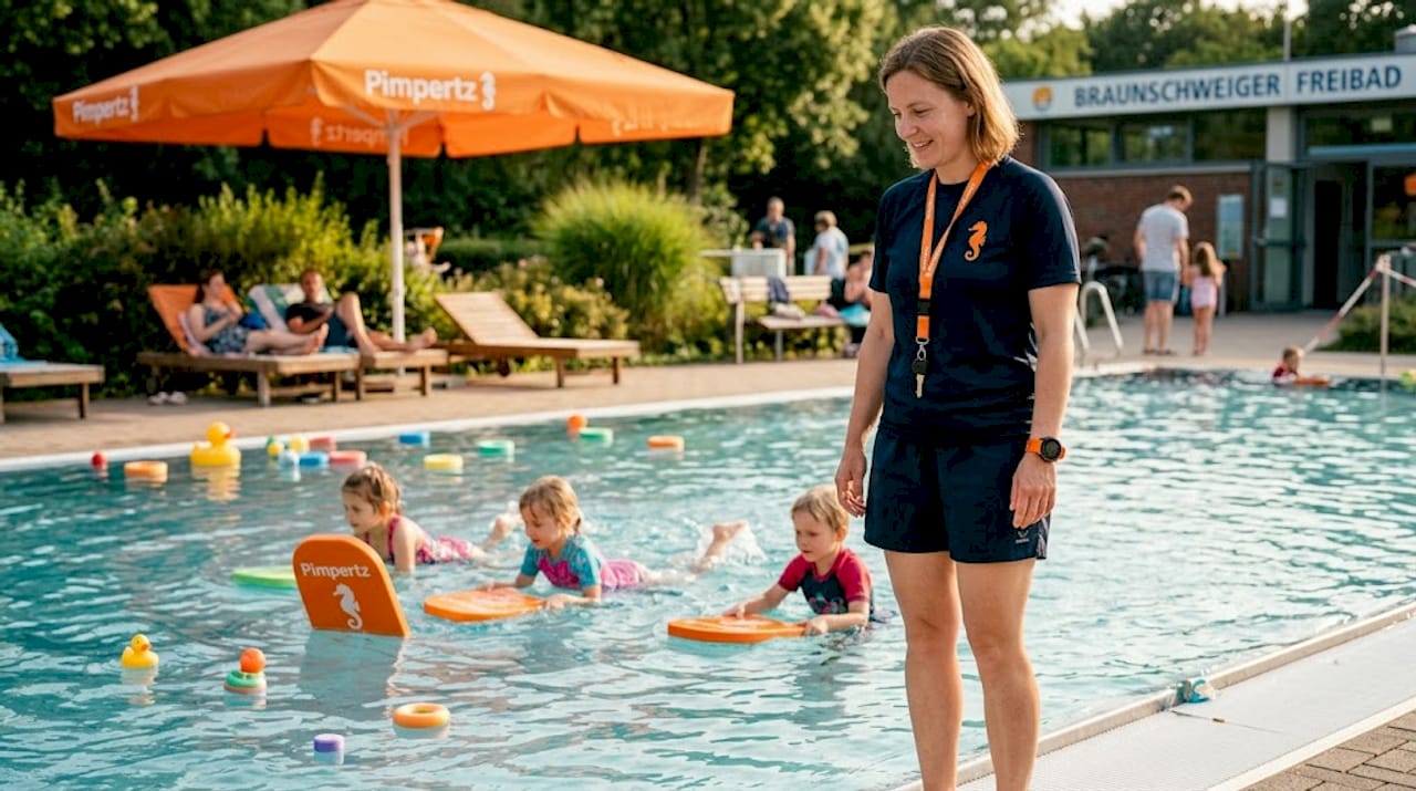 Die Schwimmlehrerin betreut den Kinderkurs aufmerksam am Beckenrand und steht den kleinen Schwimmern jederzeit mit Rat und Tat zur Seite.