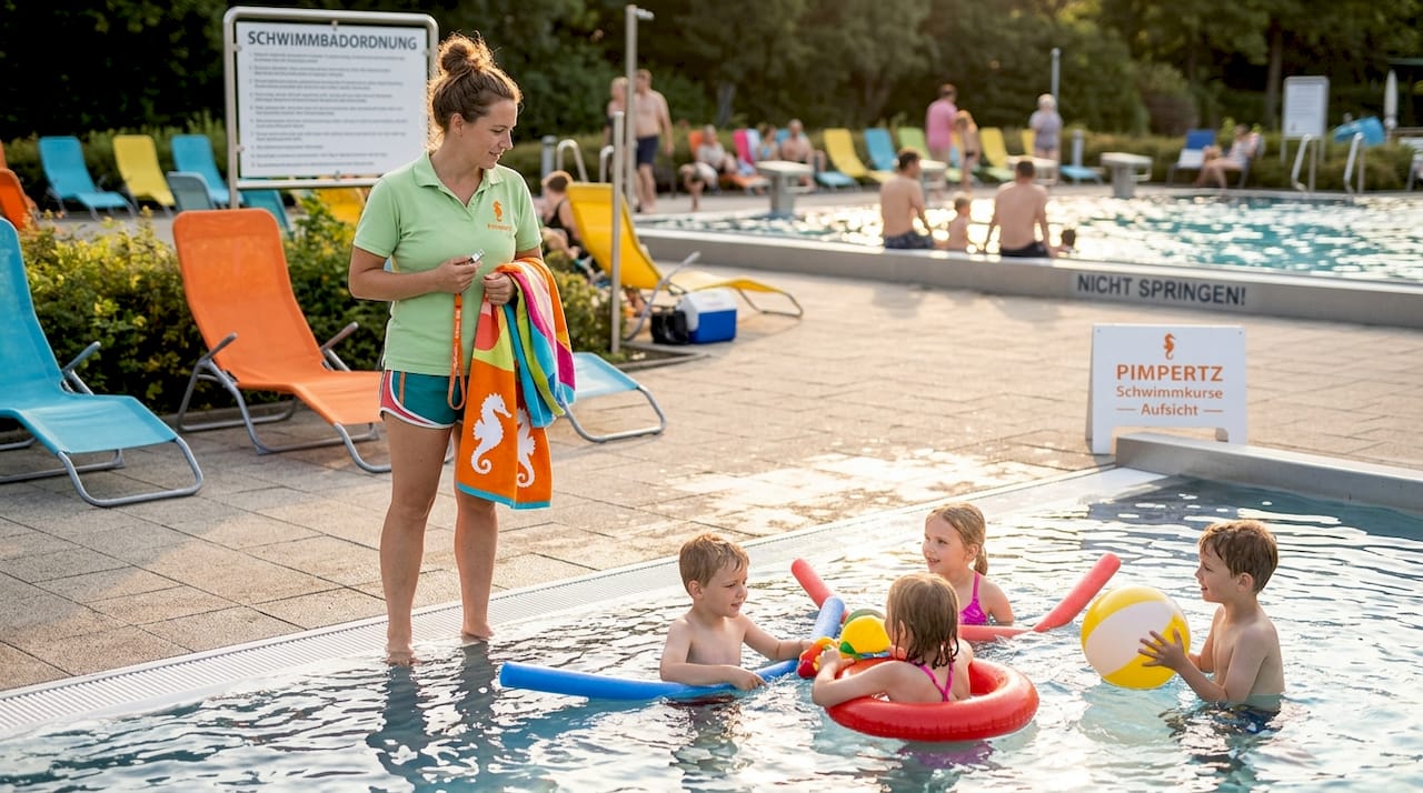 Eine Schwimmlehrerin beaufsichtigt die Kinder beim Planschen im Becken.