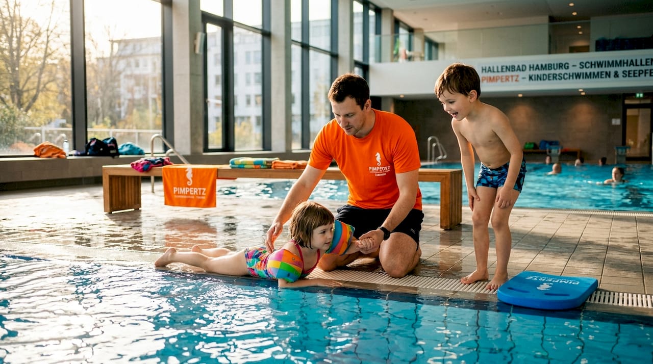 Im Hamburger Schwimmbad lernen Kinder gerade schwimmen.
