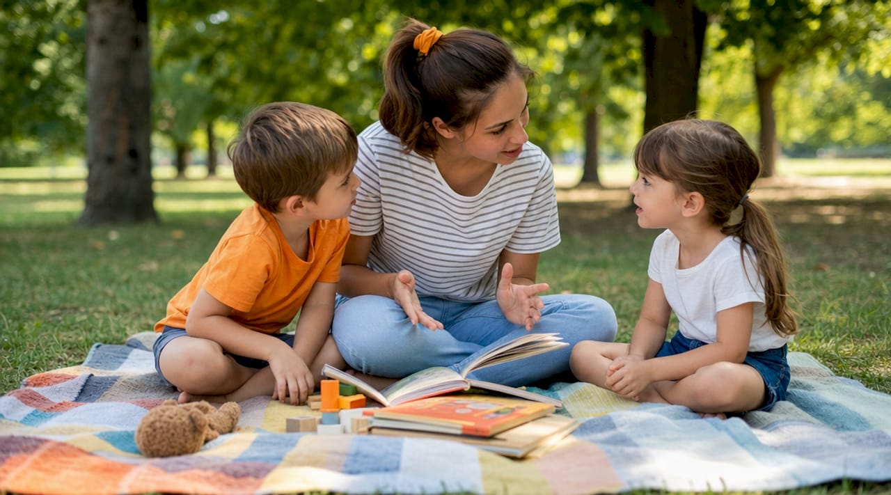 Eine Erzieherin unterhält sich mit den Kindern in der Kita.