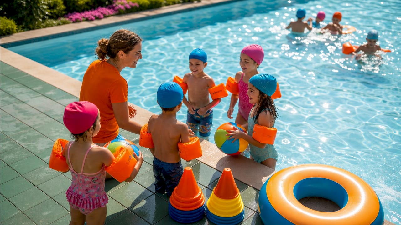 Gemeinsamer Schwimmunterricht für Kinder unter Anleitung einer erfahrenen Trainerin im Hallenbad.