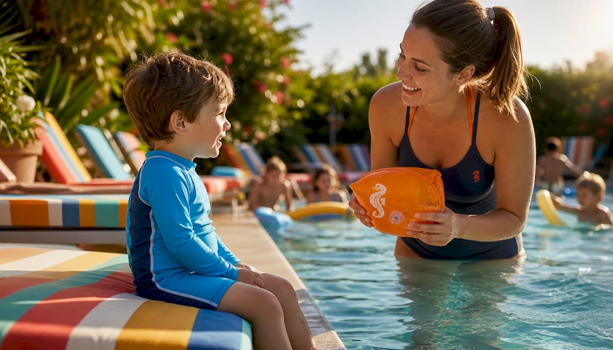 Ein Kind steht gemeinsam mit seiner Schwimmlehrerin am Beckenrand und bereitet sich auf den Unterricht vor.