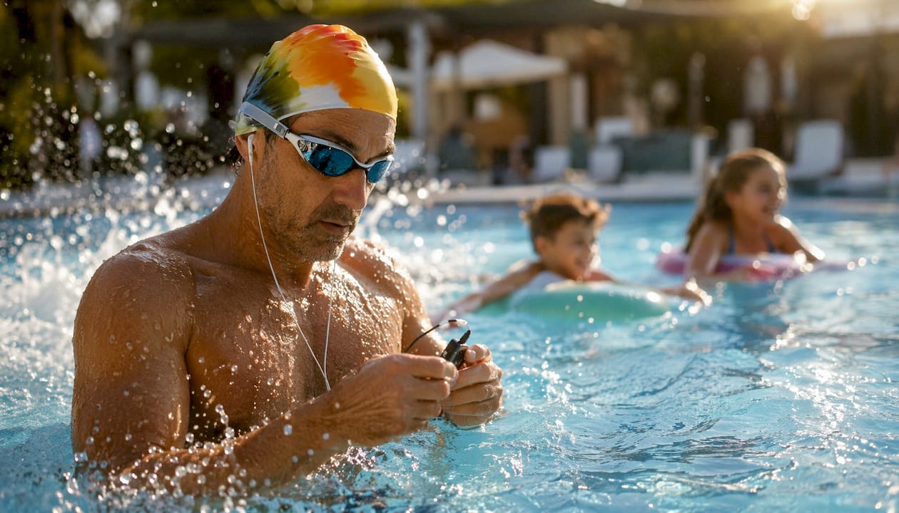 Ein Schwimmer genießt seine Bahnen im Becken – mit Musik aus einem wasserdichten MP3-Player im Ohr.