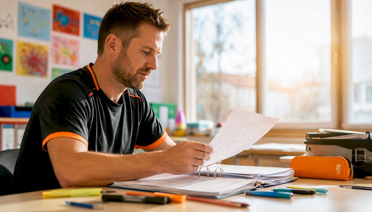 Der Lehrer schaut sich die Urkunde der Bundesjugendspiele genau an.