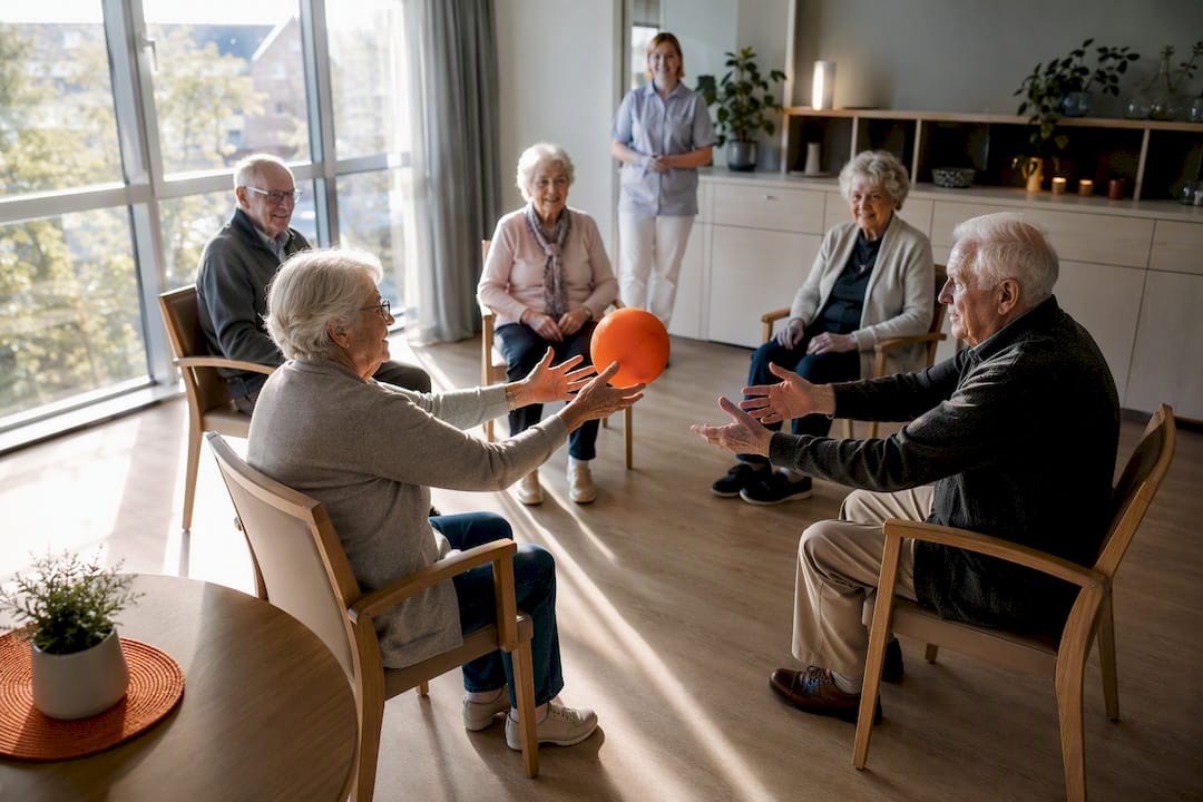 Ältere Menschen spielen gemeinsam im Sitzen mit einem Ball