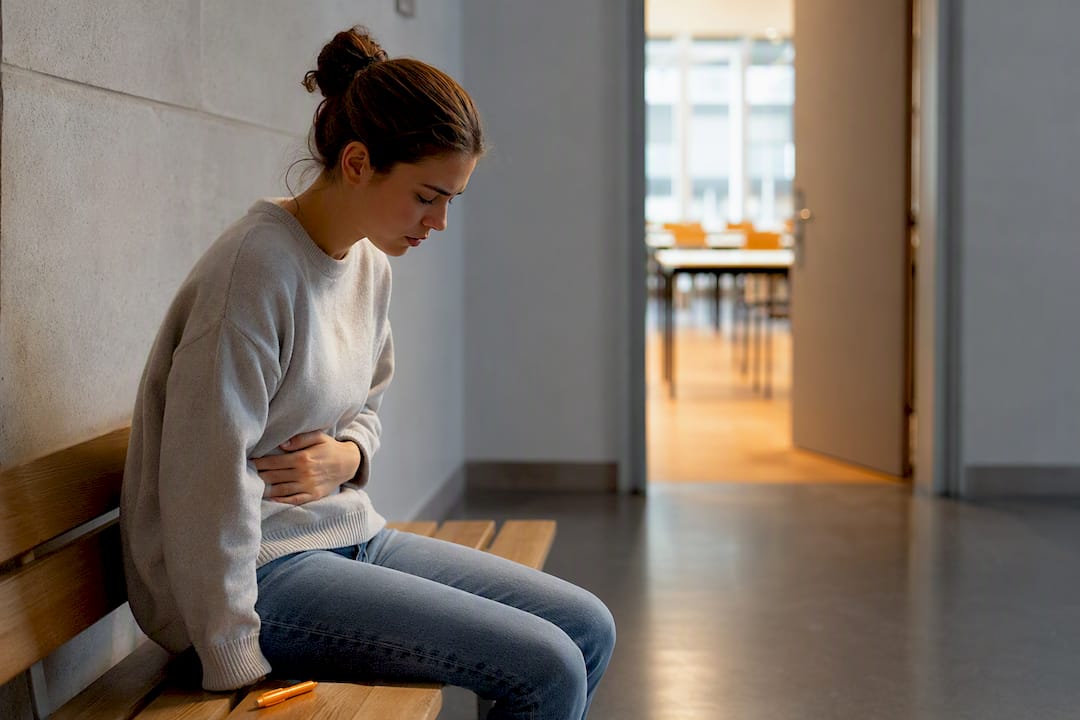 Person mit Übelkeit vor einer Prüfung