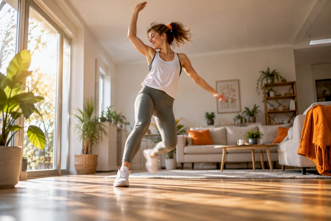 Frau macht ein energiegeladenes Tanz-Workout zu Hause