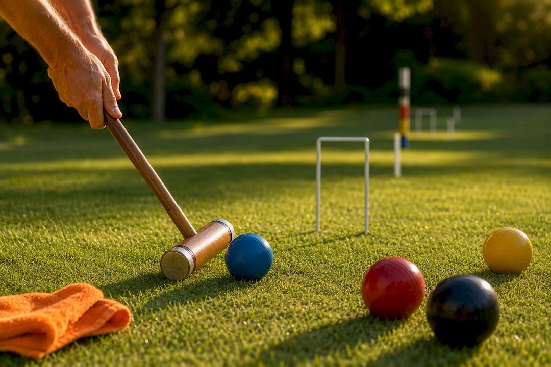Croquet-Spieler schlägt den Ball durch die Gartentore